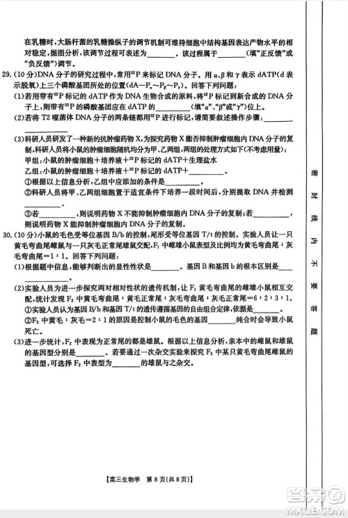 山西省2024届高三上学期11月金太阳联考生物试题答案