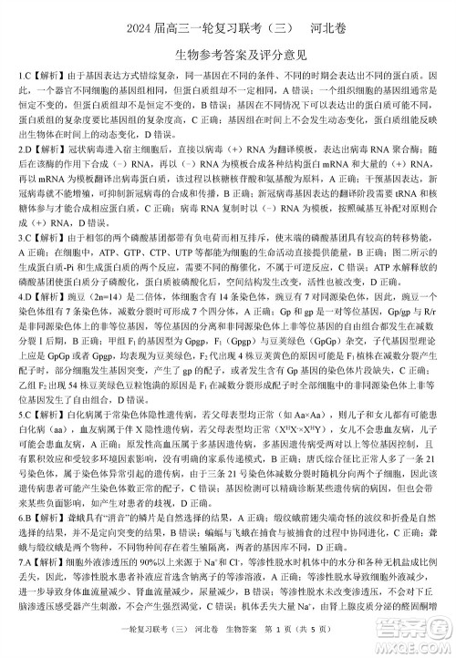 百师联盟2024届高三上学期一轮复习联考三河北卷生物参考答案 百师联盟2024届高三上学期一轮复习联考三河北卷生物参考答案