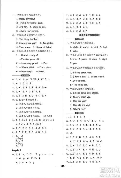 山东科学技术出版社2023年秋新思维伴你学三年级英语上册人教版参考答案