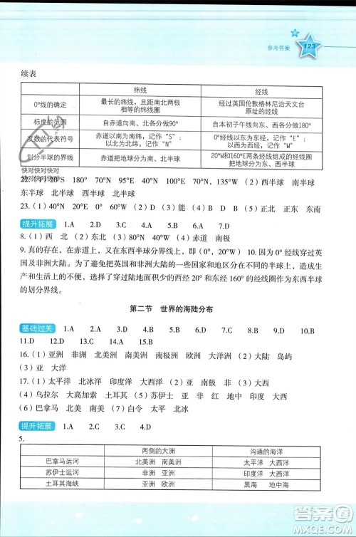 湖南教育出版社2023年秋新课标初中地理同步伴你学七年级上册湘教版参考答案