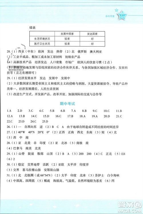 湖南教育出版社2023年秋新课标初中地理同步伴你学七年级上册湘教版参考答案