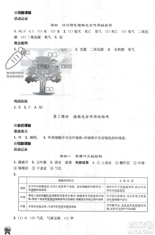 江苏人民出版社2023年秋伴你学七年级生物上册苏教版参考答案