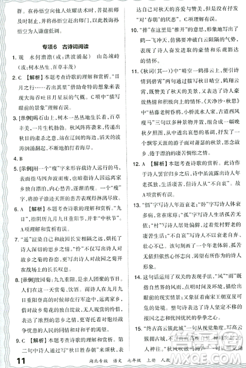 江西人民出版社2023年秋王朝霞各地期末试卷精选七年级语文上册人教版湖北专版答案