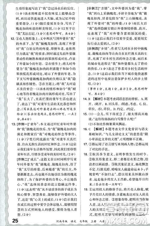 江西人民出版社2023年秋王朝霞各地期末试卷精选七年级语文上册人教版河南专版答案