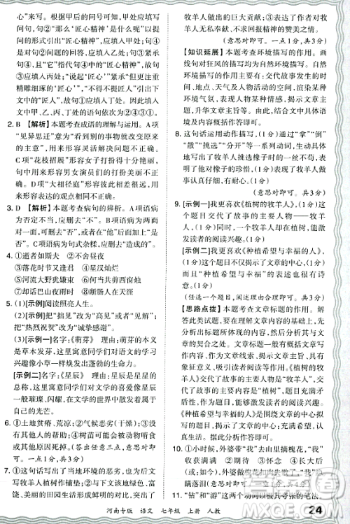 江西人民出版社2023年秋王朝霞各地期末试卷精选七年级语文上册人教版河南专版答案