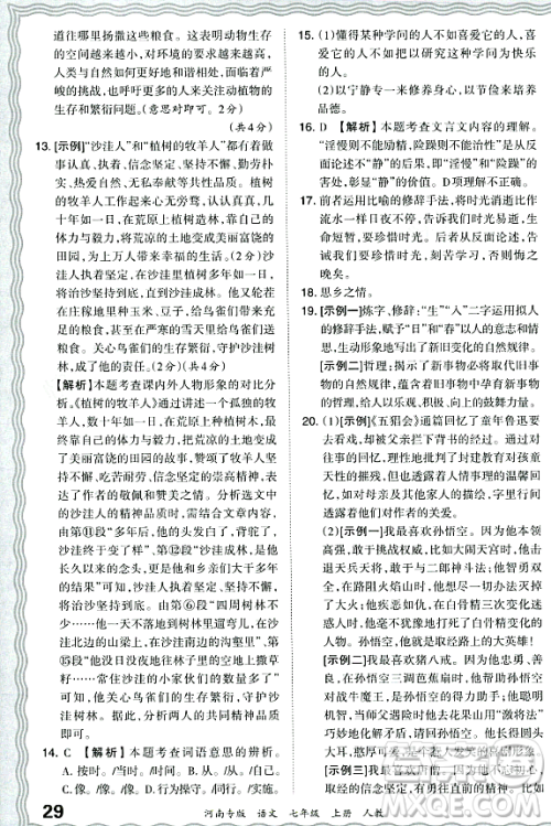 江西人民出版社2023年秋王朝霞各地期末试卷精选七年级语文上册人教版河南专版答案 江西人民出版社2023年秋王朝霞各地期末试卷精选七年级语文上册人教版河南专版答案