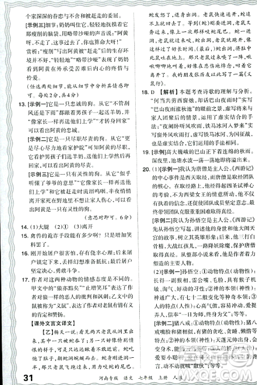 江西人民出版社2023年秋王朝霞各地期末试卷精选七年级语文上册人教版河南专版答案