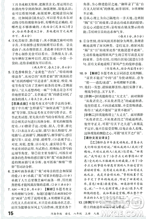 江西人民出版社2023年秋王朝霞各地期末试卷精选八年级语文上册人教版河南专版答案