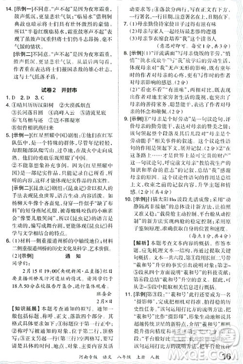 江西人民出版社2023年秋王朝霞各地期末试卷精选八年级语文上册人教版河南专版答案 江西人民出版社2023年秋王朝霞各地期末试卷精选八年级语文上册人教版河南专版答案