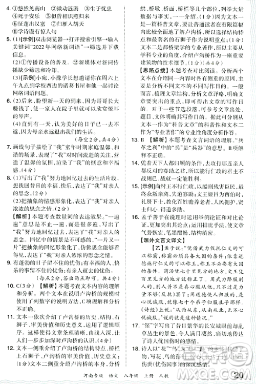 江西人民出版社2023年秋王朝霞各地期末试卷精选八年级语文上册人教版河南专版答案