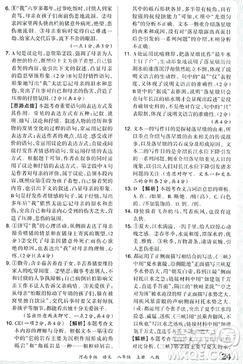 江西人民出版社2023年秋王朝霞各地期末试卷精选八年级语文上册人教版河南专版答案