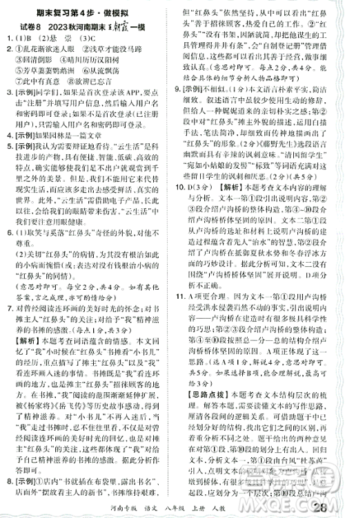 江西人民出版社2023年秋王朝霞各地期末试卷精选八年级语文上册人教版河南专版答案 江西人民出版社2023年秋王朝霞各地期末试卷精选八年级语文上册人教版河南专版答案