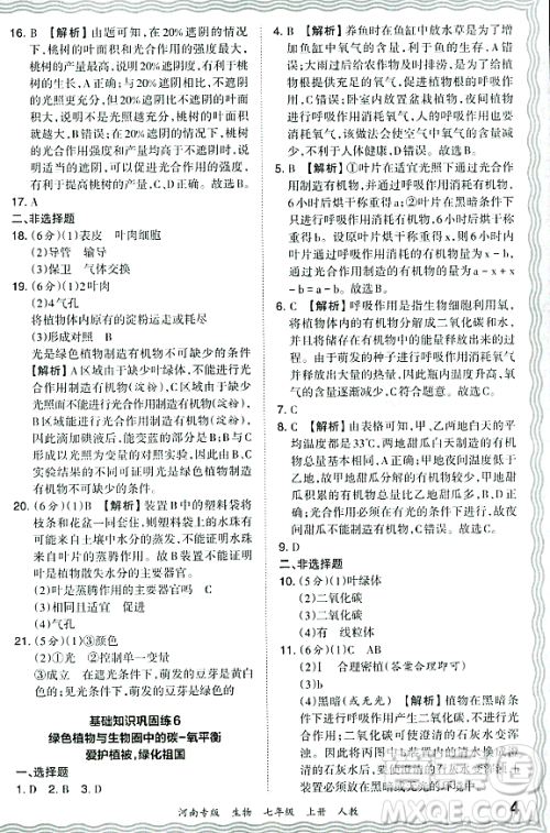 江西人民出版社2023年秋王朝霞各地期末试卷精选七年级生物上册人教版河南专版答案