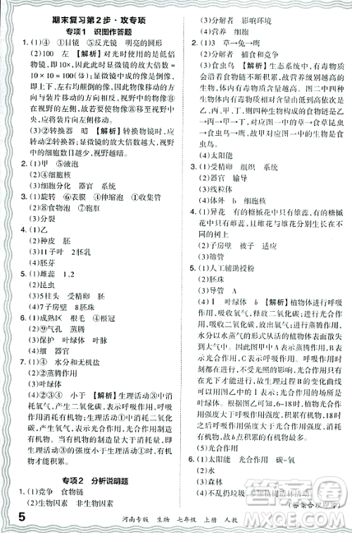 江西人民出版社2023年秋王朝霞各地期末试卷精选七年级生物上册人教版河南专版答案