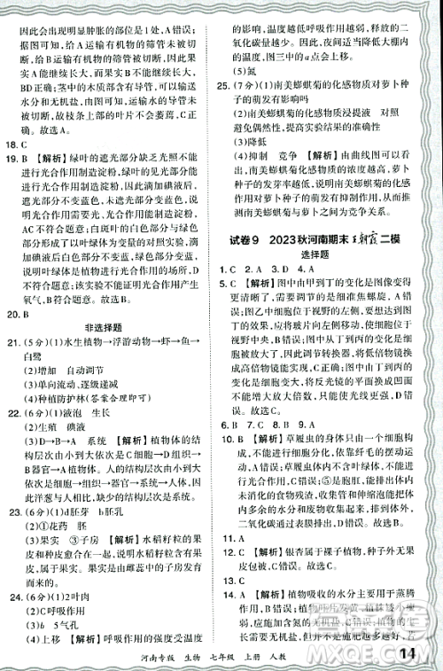 江西人民出版社2023年秋王朝霞各地期末试卷精选七年级生物上册人教版河南专版答案