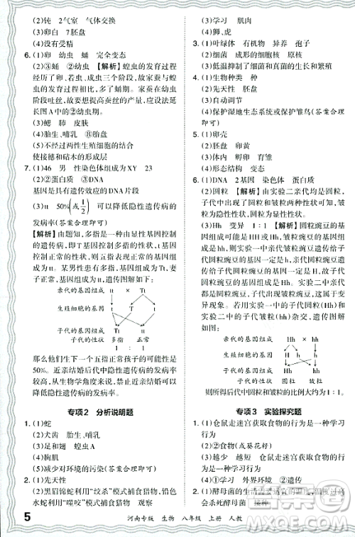 江西人民出版社2023年秋王朝霞各地期末试卷精选八年级生物上册人教版河南专版答案