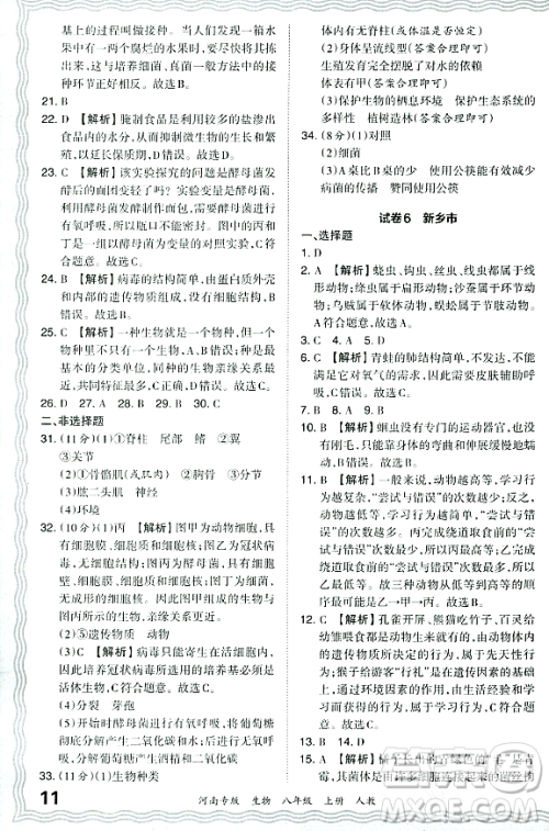 江西人民出版社2023年秋王朝霞各地期末试卷精选八年级生物上册人教版河南专版答案