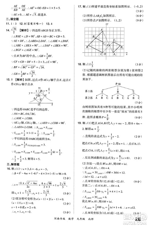 江西人民出版社2023年秋王朝霞各地期末试卷精选九年级数学全一册北师大版河南专版答案