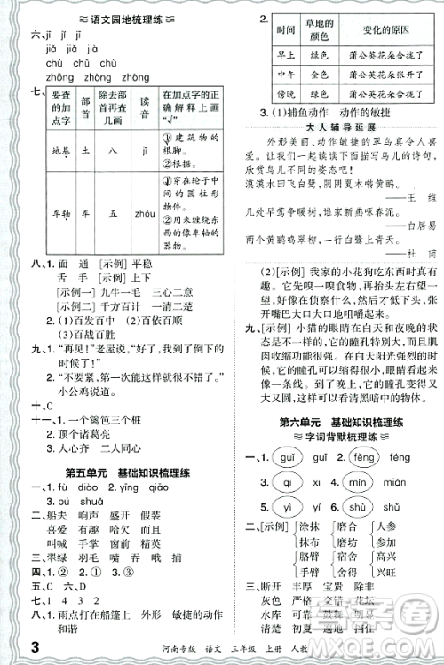 江西人民出版社2023年秋王朝霞各地期末试卷精选三年级语文上册人教版河南专版答案