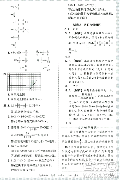 江西人民出版社2023年秋王朝霞各地期末试卷精选六年级数学上册苏教版河南专版答案 江西人民出版社2023年秋王朝霞各地期末试卷精选六年级数学上册苏教版河南专版答案