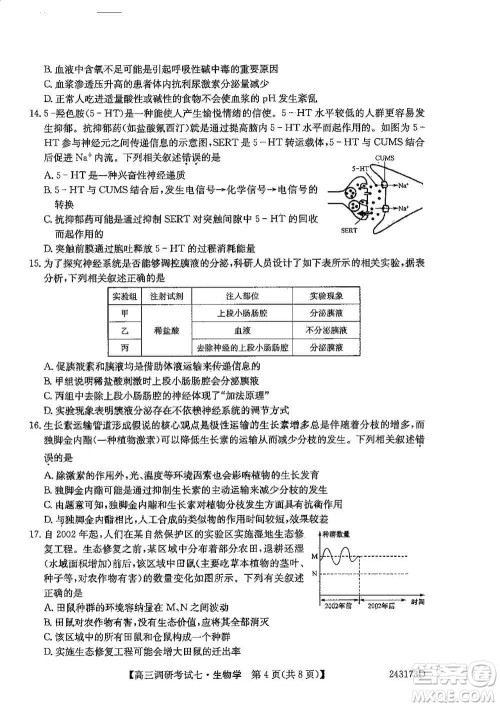 2024届高三上学期11月TOP二十名校调研考试七生物参考答案 2024届高三上学期11月TOP二十名校调研考试七生物参考答案