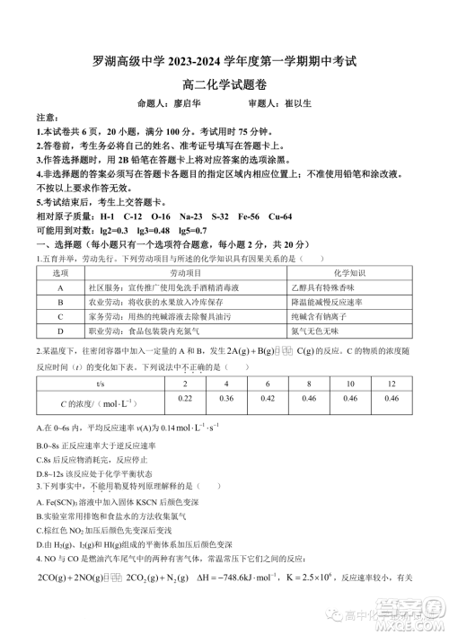广东深圳罗湖高级中学2023-2024学年高二上学期11月期中考试试题答案 广东深圳罗湖高级中学2023-2024学年高二上学期11月期中考试试题答案
