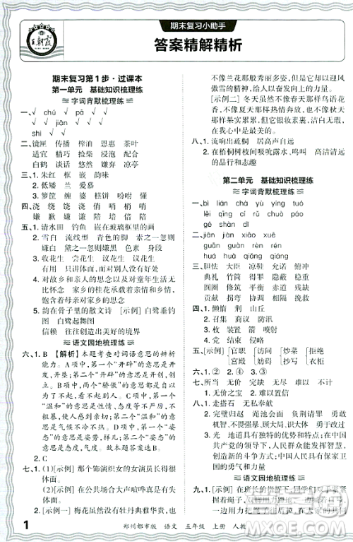 江西人民出版社2023年秋王朝霞期末真题精编五年级语文上册人教版郑州专版答案 江西人民出版社2023年秋王朝霞期末真题精编五年级语文上册人教版郑州专版答案
