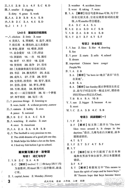 江西人民出版社2023年秋王朝霞期末真题精编六年级英语上册剑桥版大武汉专版答案