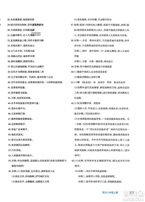 新疆青少年出版社2023年秋优学1+1评价与测试八年级语文上册通用版答案