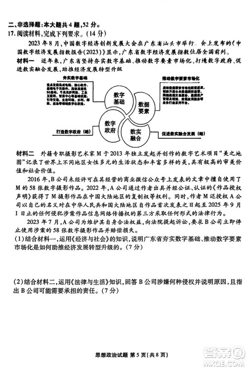 广东衡水金卷2024届高三上学期11月联考政治参考答案