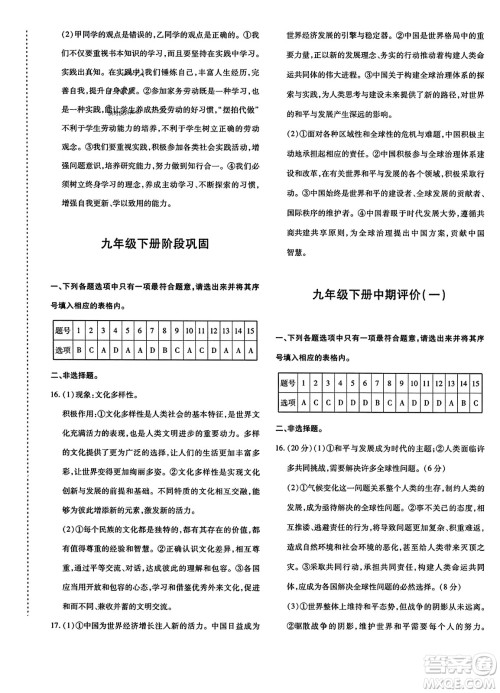 新疆青少年出版社2023年秋优学1+1评价与测试九年级道德与法治全一册通用版答案