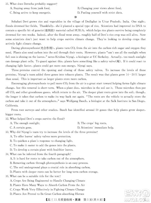 安徽九师联盟2024届高三上学期11月质量检测X英语参考答案 安徽九师联盟2024届高三上学期11月质量检测X英语参考答案