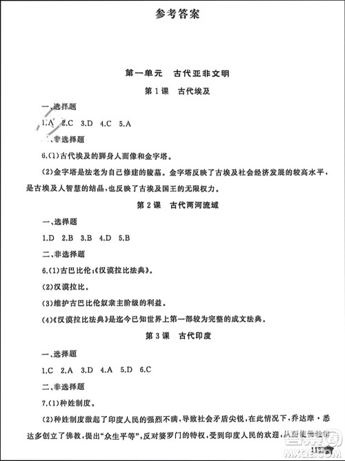 山东友谊出版社2023年秋伴你学新课程助学丛书九年级世界历史上册通用版参考答案