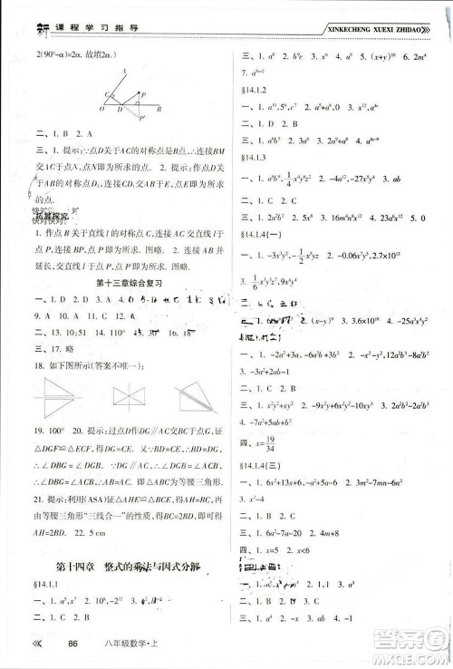 南方出版社2023年秋新课程学习指导八年级数学上册人教版参考答案