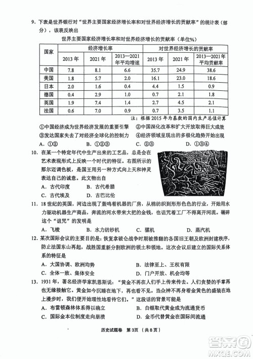 金丽衢十二校2024届高三上学期12月第一次联考历史参考答案