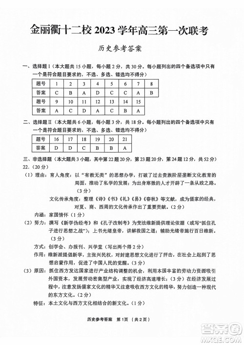 金丽衢十二校2024届高三上学期12月第一次联考历史参考答案