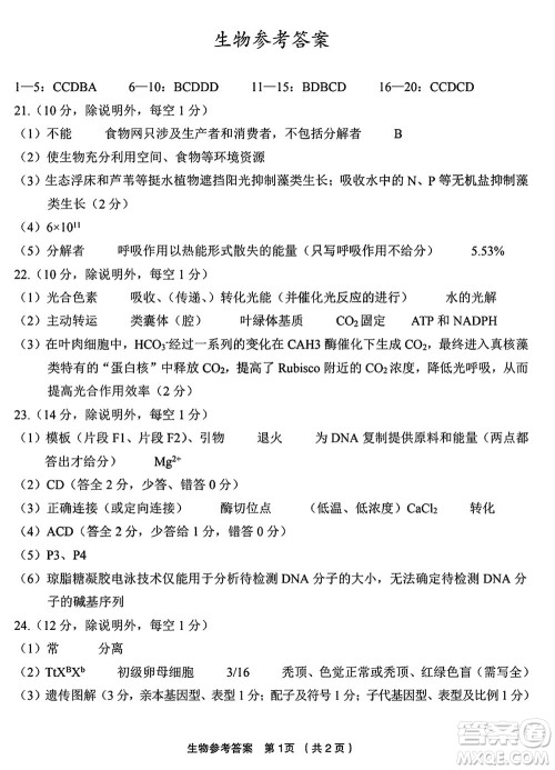 金丽衢十二校2024届高三上学期12月第一次联考生物参考答案 金丽衢十二校2024届高三上学期12月第一次联考生物参考答案
