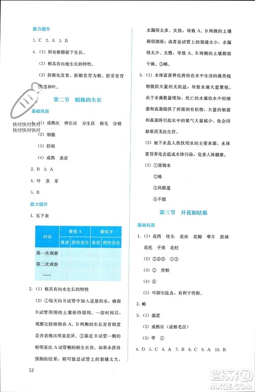 人民教育出版社2023年秋人教金学典同步解析与测评七年级生物上册人教版参考答案