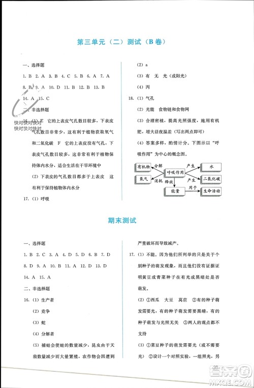 人民教育出版社2023年秋人教金学典同步解析与测评七年级生物上册人教版参考答案