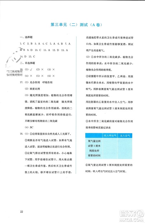 人民教育出版社2023年秋人教金学典同步解析与测评七年级生物上册人教版参考答案