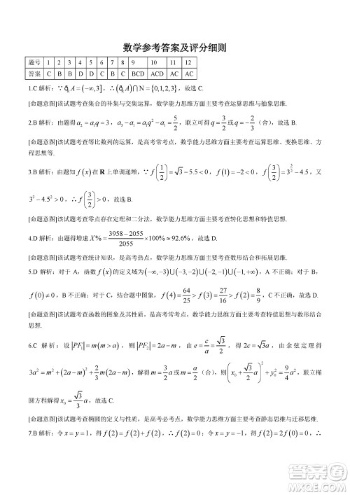 2024届河北省部分重点高中高三上学期12月普通高考模拟试题数学参考答案