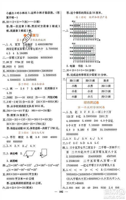 四川大学出版社2023年秋课堂点睛四年级数学上册人教版湖南专版参考答案