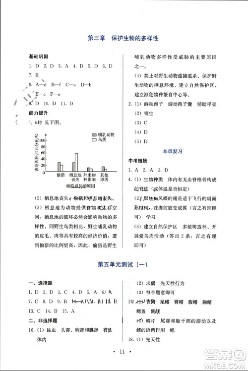 人民教育出版社2023年秋人教金学典同步解析与测评八年级生物上册人教版参考答案