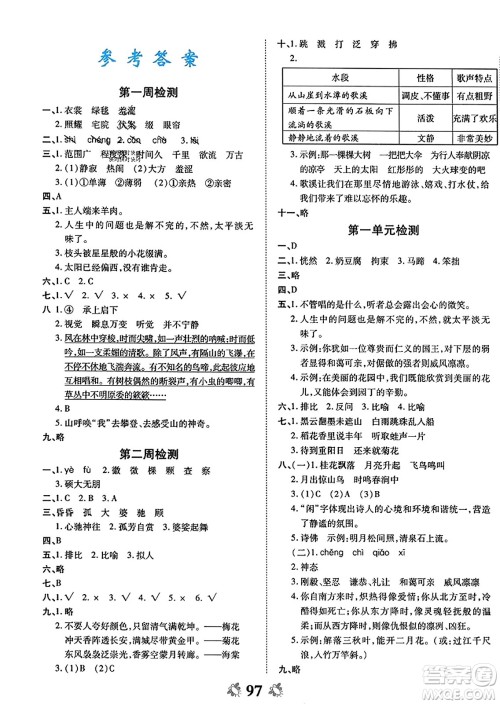 中州古籍出版社2023年秋全能练考卷六年级语文上册人教版答案
