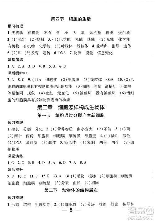 江西教育出版社2023年秋精英新课堂三点分层作业七年级生物上册人教版参考答案