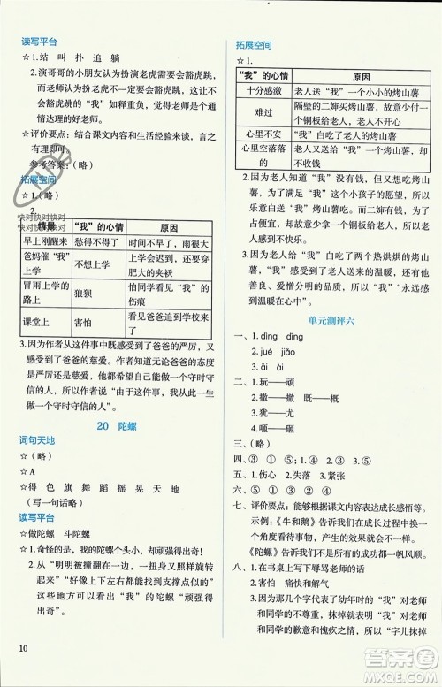 人民教育出版社2023年秋人教金学典同步解析与测评四年级语文上册人教版参考答案