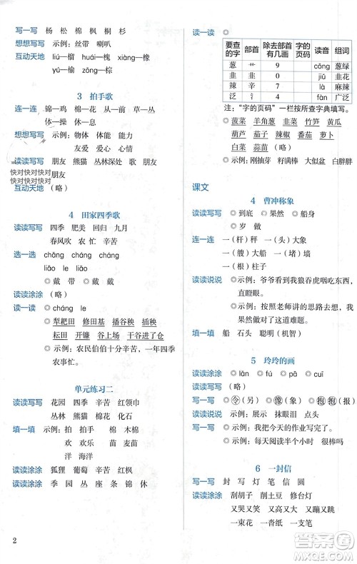 人民教育出版社2023年秋人教金学典同步解析与测评二年级语文上册人教版参考答案