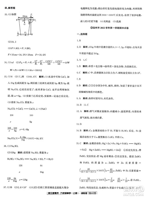 延边人民出版社2023年秋浙江新期末九年级科学上册浙教版浙江专版答案
