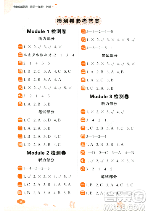 大连出版社2023年秋点石成金金牌每课通一年级英语上册外研版答案