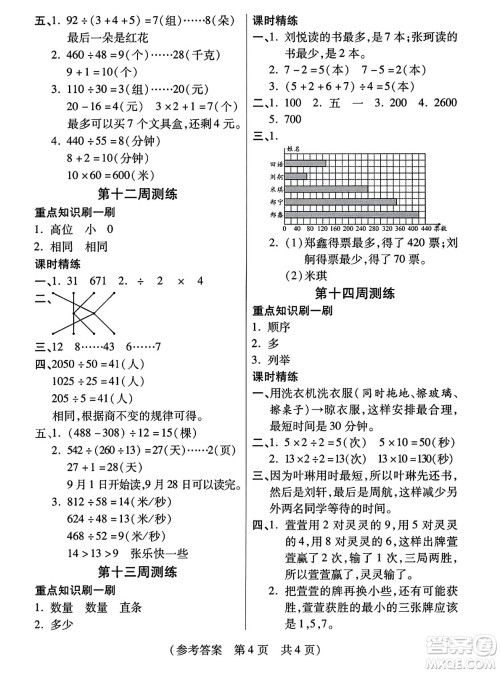 黑龙江美术出版社2023年秋黄冈金榜大考卷期末必刷四年级数学上册人教版答案